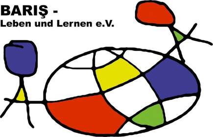Logo von Baris. Stilisierte gezeichnete Weltkugel mit bunten Flächen in den Grundfarben blau, gelb, rot und grün. Die Weltkugel wird von zwei wie von Kinderhand gezeichneten Strichmännchen in den gleichen Farben gehalten.