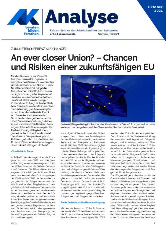 An ever closer Union? – Chancen  und Risiken einer zukunftsfähigen EU - Zukunftskonferenz als Chance!? (November 2021)