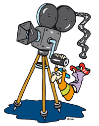 Logo AK-Filmtage, Grafik, Comic-Männchen hängt an einer Kamera
