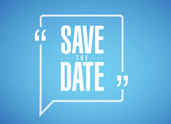 Weißer Text "Save the Date" auf blauem Hintergrund