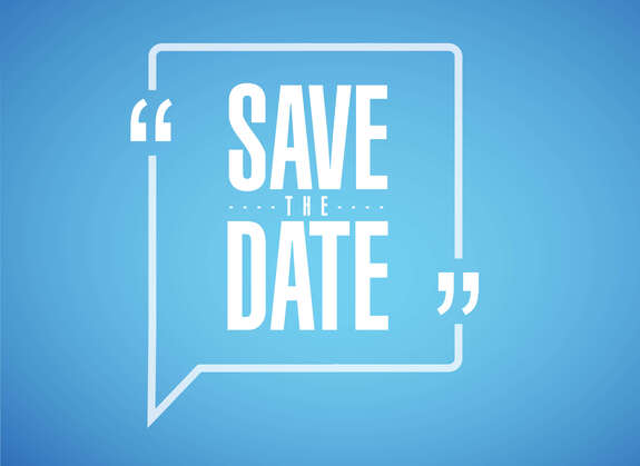 Weißer Text "Save the Date" auf blauem Hintergrund