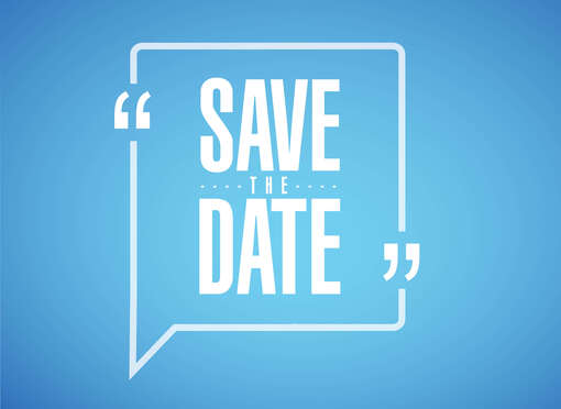 Weißer Text "Save the Date" auf blauem Hintergrund