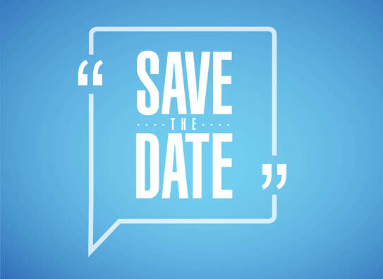 Weißer Text "Save the Date" auf blauem Hintergrund