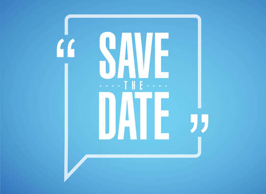 Weißer Text "Save the Date" auf blauem Hintergrund