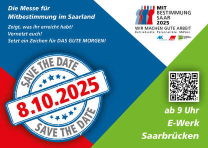 Save the Date Karte zur Mitbestimmungsmesse 2025 im E-Werk ab 9 Uhr