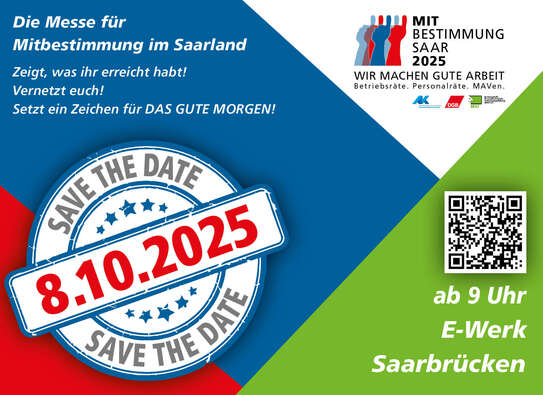 Save the Date Karte zur Mitbestimmungsmesse 2025 im E-Werk ab 9 Uhr