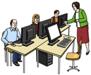 Lehrerin und Schüler an Computern