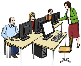 Computer-Schulung Lehrerin und Schüler an Computern