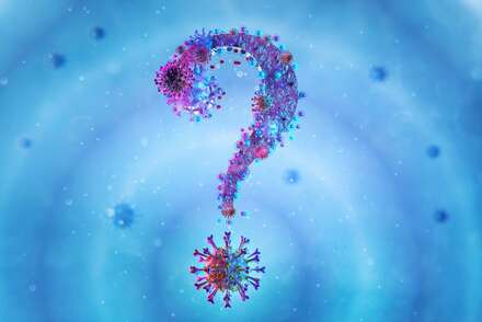 Fragezeichen gebildet aus Coronaviren-Bildern