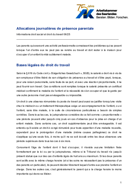 Allocations journalières de présence parentale (PDF sans barrière) Allocations journalières de présence parentale (PDF sans barrière) - Informations droit social et droit du travail 6/2025