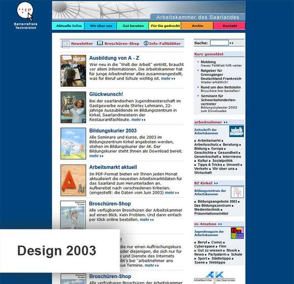 Design der Website im Jahr 2003
