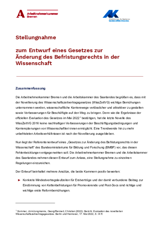 Gemeinsame Stellungnahme der Arbeitnehmerkammer Bremen und der Arbeitskammer des Saarlandes vom Juli 2023 (PDF barrierefrei) - Stellungnahme zum Entwurf eines Gesetzes zur Änderung des Befristungsrechts in der Wissenschaft
