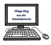 Computer auf dessen Bildschirm der Text "Pflege-Blog von der Arbeitskammer" steht