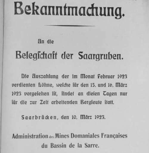 Bekanntmachung aus 1923. Foto: Landesarchiv Saarland