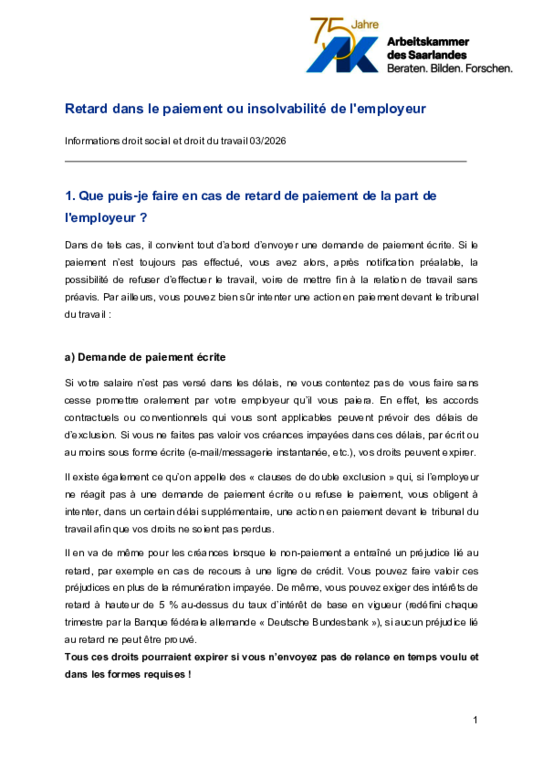 Retard dans le paiement ou insolvabilité de l'employeur (PDF sans barrière) Retard dans le paiement ou insolvabilité de l'employeur (PDF sans barrière) - Informations droit social et droit du travail 03/2026