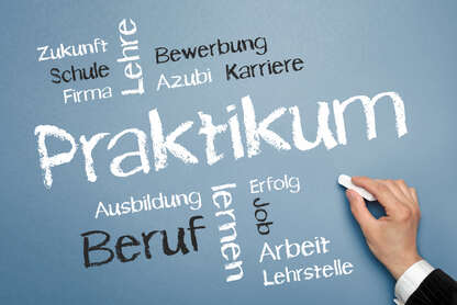 Schmuckbild mit dem Begriff Praktikum im Zentrum. Drumherum Begriffe wie Beruf, Karriere, Lehrstelle und Erfolg
