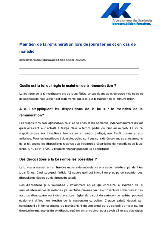 Maintien remunération (PDF sans barrière) Maintien remunération (PDF sans barrière) - Informations droit social et droit du travail 09/2025