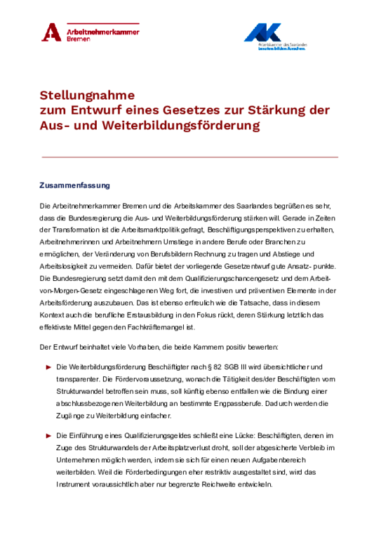 Gemeinsame Stellungnahme der Arbeitnehmerkammer Bremen und der Arbeitskammer des Saarlandes vom 11. Mai 2023 (PDF barrierefrei) - Stellungnahme zum Entwurf eines Gesetzes zur Stärkung der Aus- und Weiterbildungsförderung