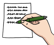 Zeichnung einer Hand, die mit einem grünen Stift auf ein Blatt Papier schreibt