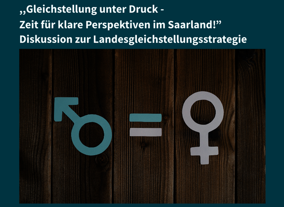 Symbol für Männlich und Weiblich vor braunem Hintergrund mit Veranstaltungstitel Gleichstellung unter Druck