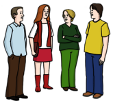Gruppe von vier Personen, die im Gespräch sind