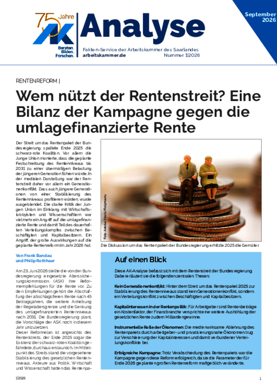 AK-Analyse "Rentenreform" - Wem nützt der Rentenstreit? Eine Bilanz der Kampagne gegen die umlagefinanzierte Rente (Ausgabe 1/September 2026)
