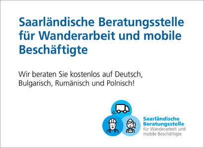 Logo der Beratungsstelle Wanderarbeit und mobile Beschäftigte sowie dem Schriftzug "Wir beraten Sie kostenlos auf Deutsch, Bulgarisch, Rumänisch und Polnisch!"