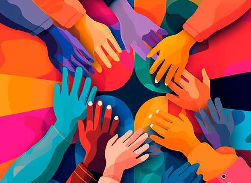 Abstract Celebrating diversity and inclusivity in teamworks at the office workplace by linking arms together. Generative AI Jede Menge bunte Hände, die sich berühren.