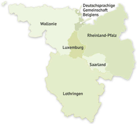 Karte der Großregion mit den Ländern Lothringen, Luxemburg, Saarland, Wallonie, Rheinland Pfalz und der Deutschsprachigen Gemeinschaft Belgiens, dargestellt als stilisierte Karte
