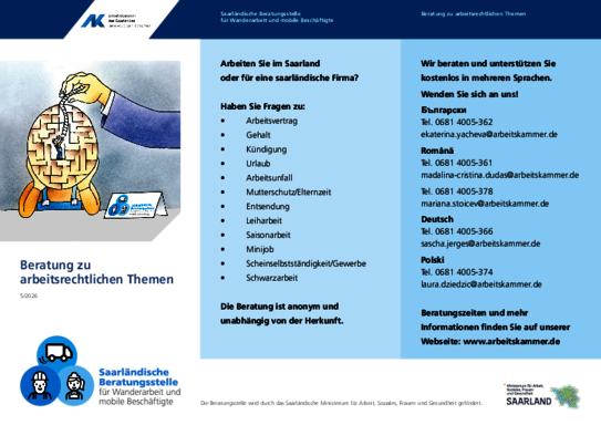 Beratung zu arbeitsrechtlichen Themen - Saarländische Beratungsstelle
für Wanderarbeit und mobile Beschäftigte | Faire Integration (6/2026)