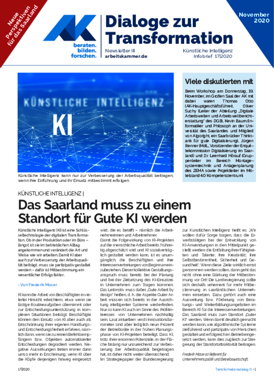 AK-Transformationsdialog "Künstliche Intelligenz" 19. November 2020 - Das Saarland muss zu einem Standort für Gute KI werden