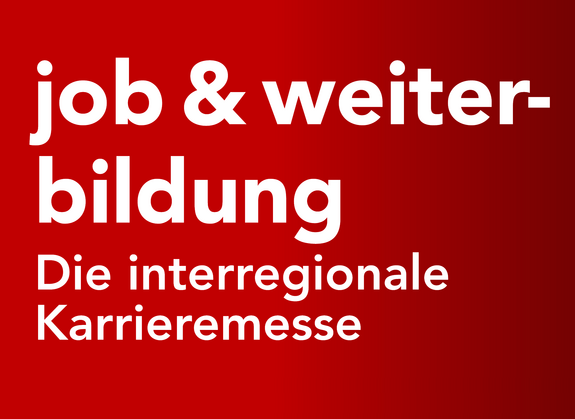 Weißer Schriftzug "job & weiterbildung" - Die interregionale Karriermesse auf rotem Hintergrund