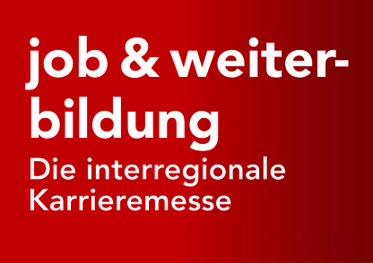 Weißer Schriftzug "job & weiterbildung" - Die interregionale Karriermesse auf rotem Hintergrund