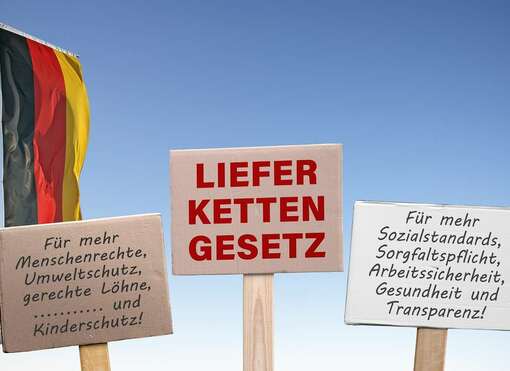 Plakate mit dem Schriftzug "Lieferkettengesetz, für mehr Sozialstandarts!", deutsche Fahne