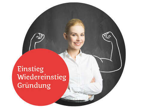 Bildausschnitt aus Flyer: Frau steht mit verschränkten Armen selbstbewusst da. Im Hintergrund illustrierte muskulöse Arme