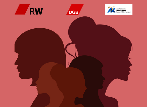 In rosa und lila gehaltenes Bild, dass die Köpfe von 3 Frauen im Schattenprofil zeigt