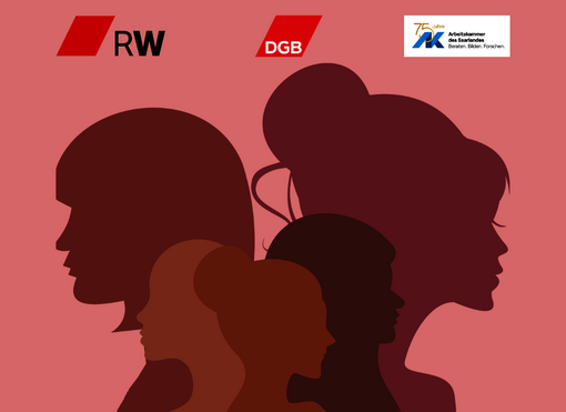 In rosa und lila gehaltenes Bild, dass die Köpfe von 3 Frauen im Schattenprofil zeigt