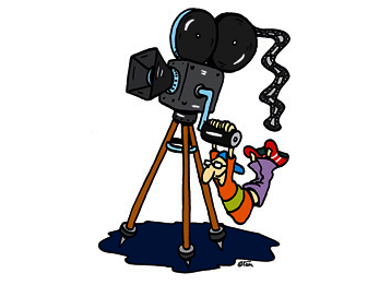 Zeichnung von Tom Körner, die eine kleine Figur zeigt, die an der Kurbel eines alten Filmgeräts hängt