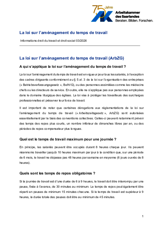 La loi sur l’aménagement du temps de travail (PDF sans barrière) La loi sur l’aménagement du temps de travail (PDF sans barrière) - Informations droit social et droit du travail 3/2026