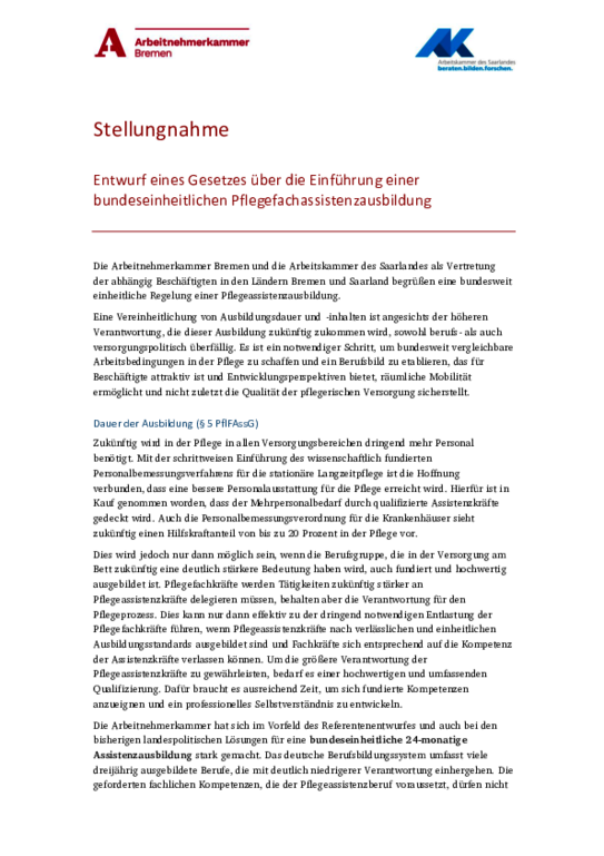 Gemeinsame Stellungnahme der Arbeitskammer des Saarlandes und der Arbeitnehmerkammer Bremen vom 17. Juli 2025 (PDF nicht barrierefrei) - Stellungnahme zum Entwurf eines Gesetzes über die Einführung einer bundeseinheitlichen Pflegefachassistenzausbildung