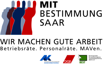 Grafik mit Text: Drei Hände mit Daumen nach oben in den Farben blau und rot, manche davon halbtransparent, Text "Mitbestimmung Saar - Wir machen gute Arbeit - Betriebsräte, Personalräte, MAVen" Darunter die Logos der Arbeitskammer, das Logo des DGB und das Logo von BEST 