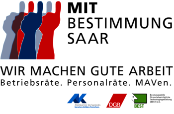 Grafik mit Text: Drei Hände mit Daumen nach oben in den Farben blau und rot, manche davon halbtransparent, Text "Mitbestimmung Saar - Wir machen gute Arbeit - Betriebsräte, Personalräte, MAVen" Darunter die Logos der Arbeitskammer, das Logo des DGB und das Logo von BEST