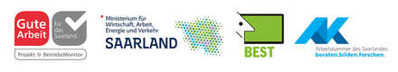 Logos der Projektpartner Gute Arbeit Saar: "Gute Arbeit für das Saarland", Ministerium für Wirtschaft, Arbeit, Energie und Verkehr Saarland", BEST, Arbeitskammer des Saarlandes