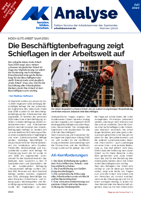 Index Gute Arbeit Saar 2019 - Die Beschäftigtenbefragung zeigt Schieflagen in der Arbeitswelt auf (Ausgabe 5 - Juli 2020)