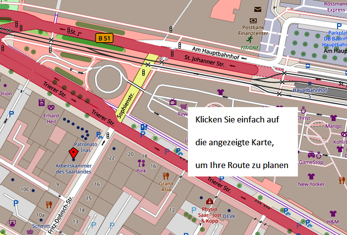 OpenStreetMap-Kartenausschnitt rund um die Arbeitskammer des Saarlandes. Durch Anklicken kommt man zur Routenplanung mit Google Maps