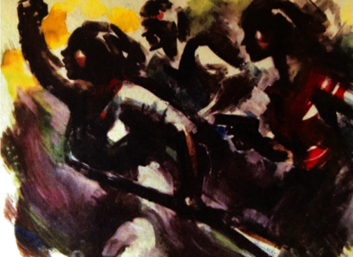 Bild des Malers Jose Luis Rey Vila zeigt Frauen und Männer die mit Waffen an die Front stürmen