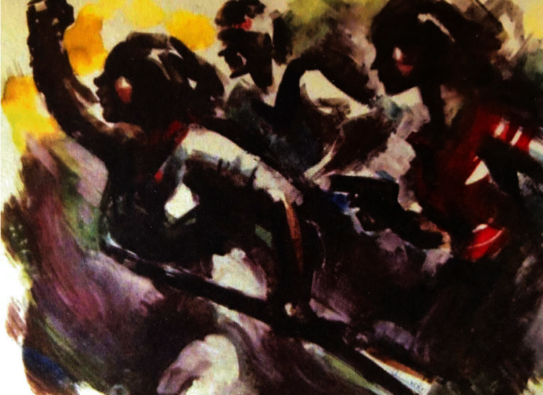 Bild des Malers Jose Luis Rey Vila zeigt Frauen und Männer die mit Waffen an die Front stürmen