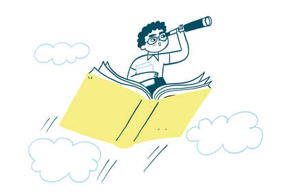 Illustration eines Jungen mit Fernglas, der auf einem fliegenden Buch sitzt