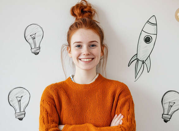 Junge Frau umgeben von gezeichneten Raketen