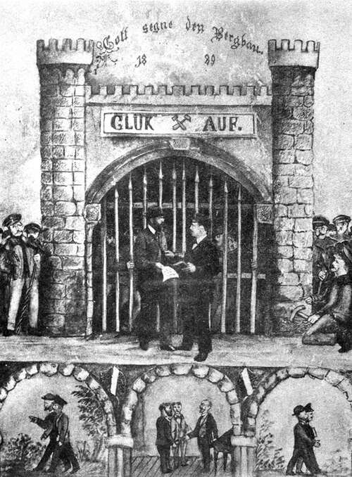 Radierung von 1889 - der frühgewerkschaftliche Rechtsschutzverein für bergmännische Bevölkerung wurde gegründet